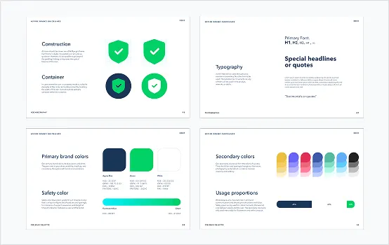 Brand guideline structure — construction, containers, colours and typography