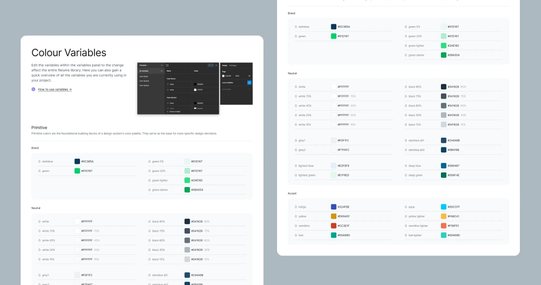Colour variables — primitive brand, neutral and accent tokens with dark-mode set