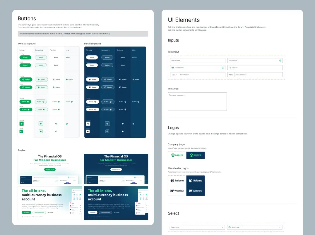 Buttons and UI elements — every interactive state across light and dark backgrounds