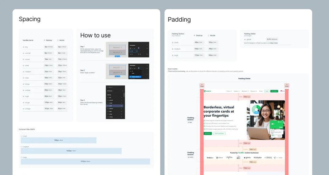 Spacing and padding scale with container max-widths and how-to-use guidance
