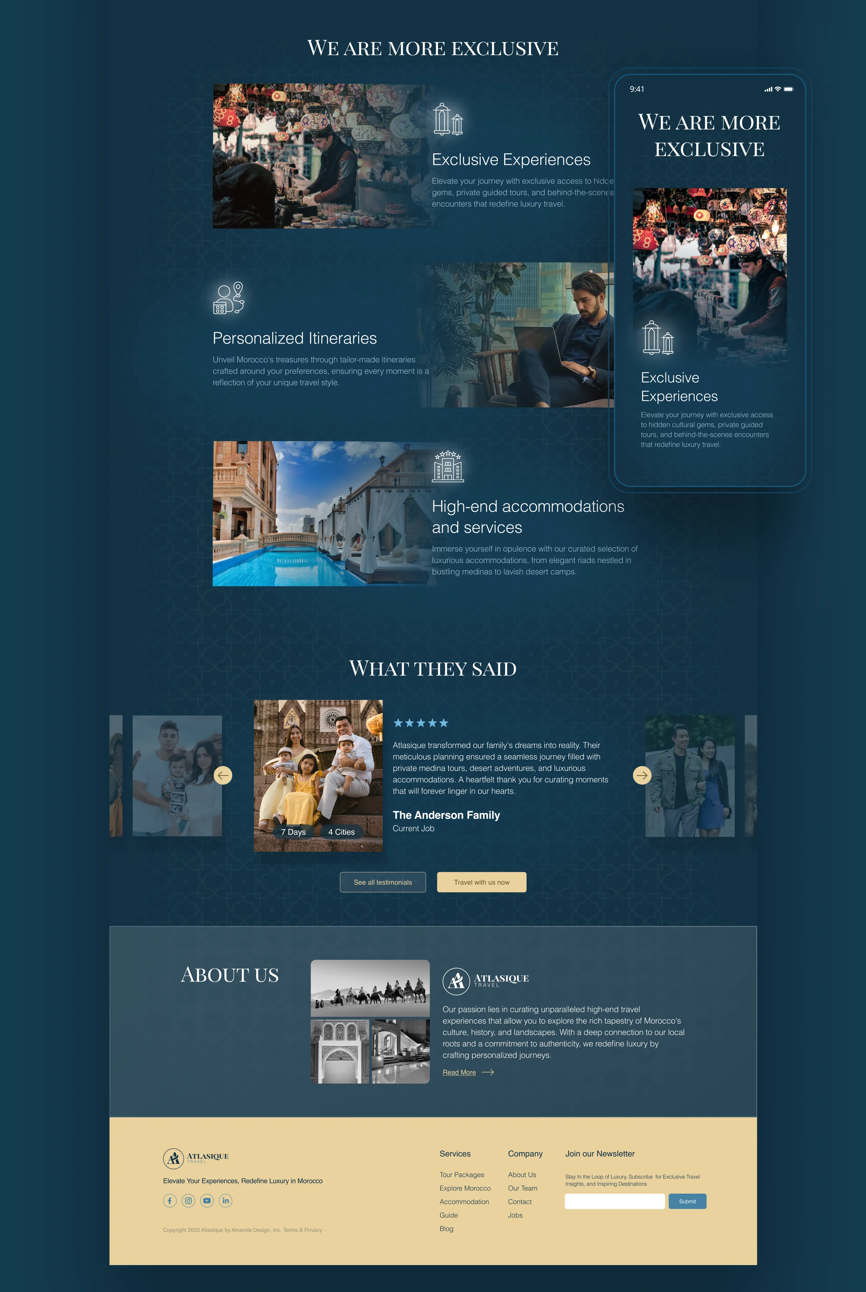 Atlasique landing page — cultural immersion and testimonials