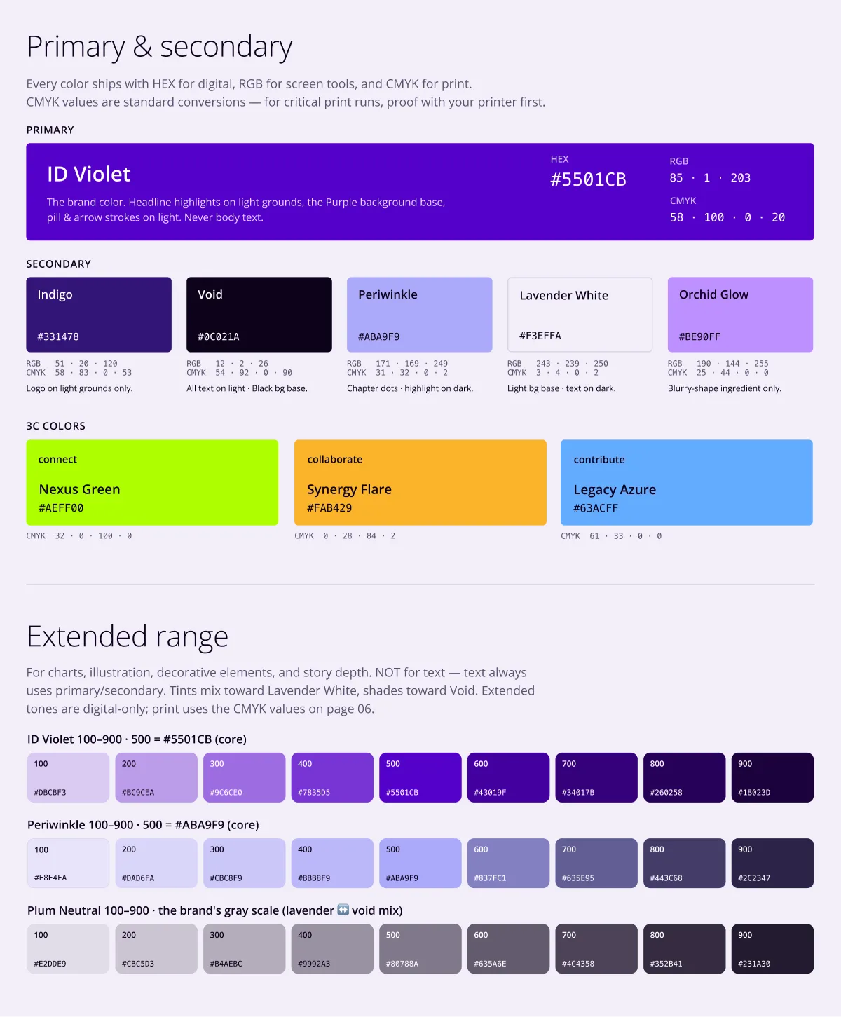 Colour guideline — the deep purple core palette plus the three sub-brand accents