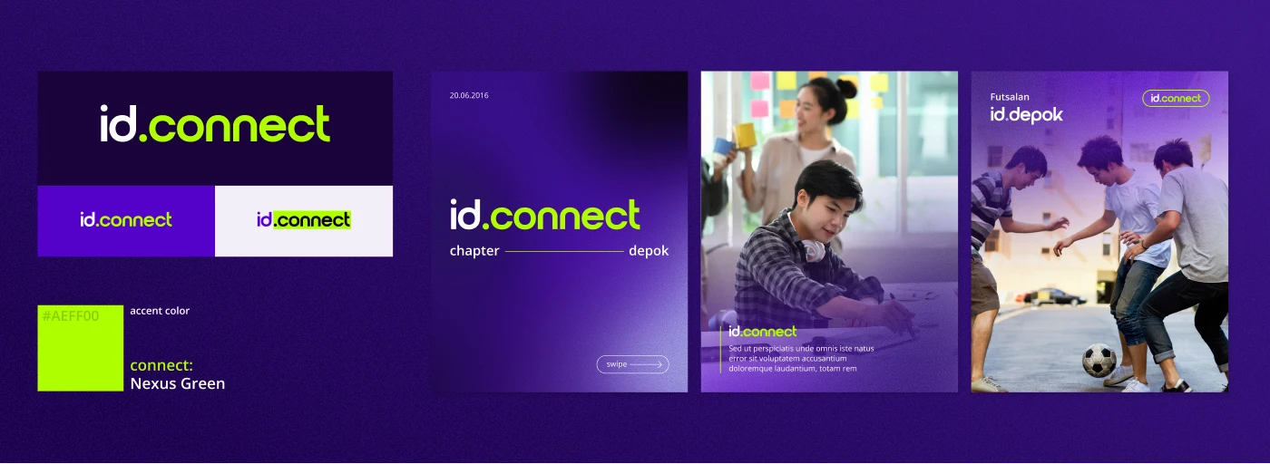 id.connect sub-brand board — logo lockups and social applications in Nexus Green