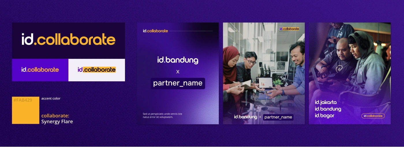 id.collaborate sub-brand board — logo lockups and partnership applications in Synergy Flare