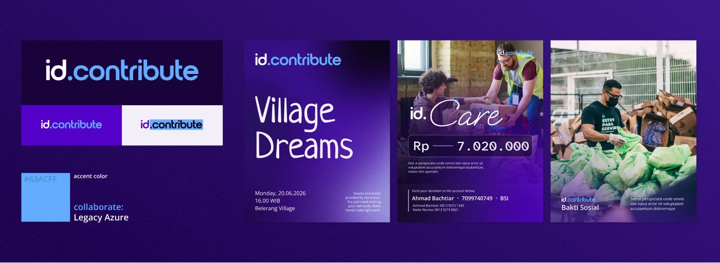 id.contribute sub-brand board — logo lockups and social-impact applications in Legacy Azure