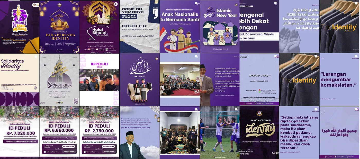 A grid of the old social media posts — wildly different layouts, fonts, and colours across every program and admin
