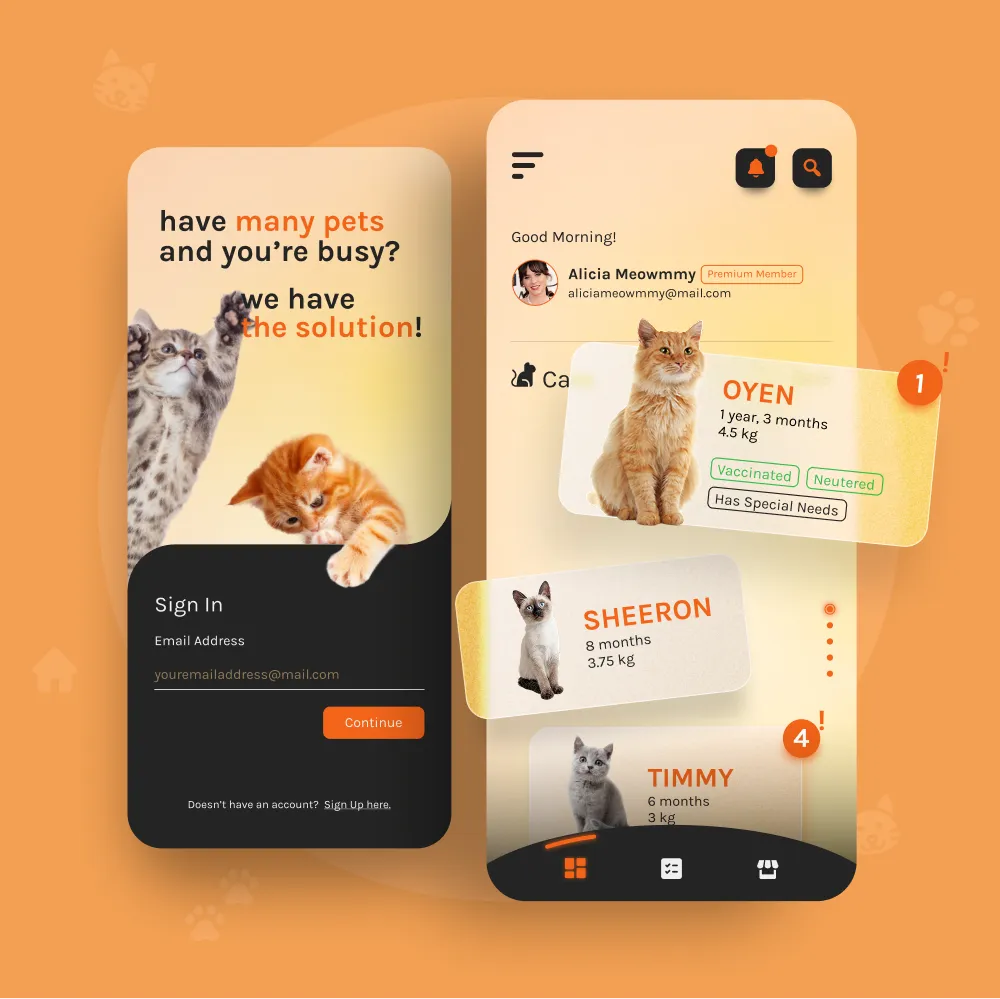 Pet Care App — pet profiles and dashboard concept