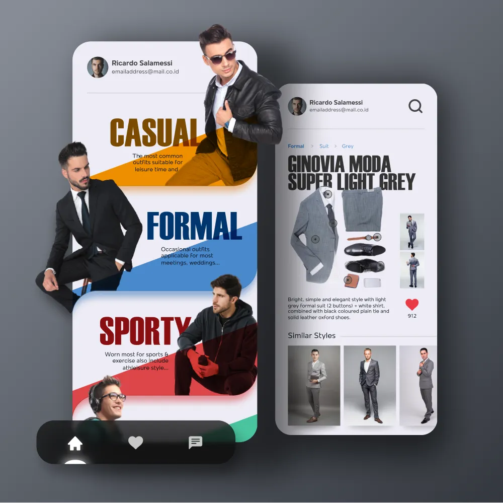 Men's Fashion and Styling App — outfit categories and product detail