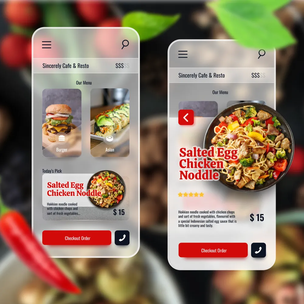 Food and Restaurant App — menu and dish detail concept