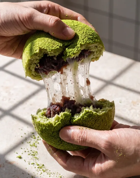 The Uji mochi bun pulled apart, revealing a stretching red bean and mochi centre