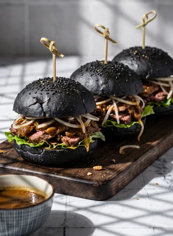 Kuro Curry Wagyu Dome — charcoal black sesame brioche filled with wagyu curry