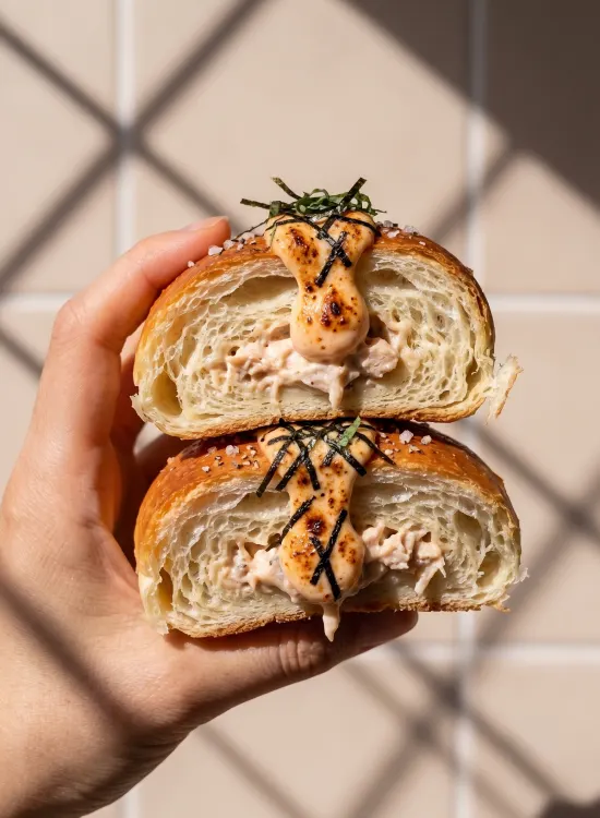 Chicken Mentai Shio-pan — laminated sea-salt bread with flame-torched chicken mentaiko